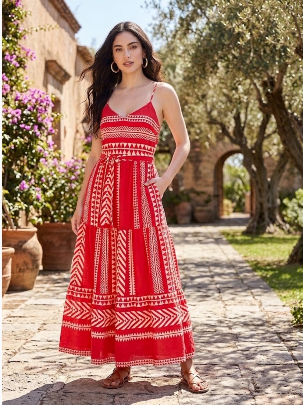 Vero Moda Soft Red & White Cotton Maxi Dress – Boho Geometric Print.